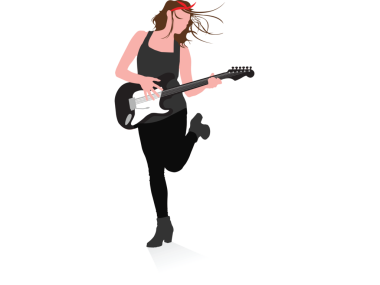 Şeffaf arkaplanda elektro gitar çalan beyaz kadının dijital png çizimi. İzole vektör, müzik, yaratıcılık ve hobiler.