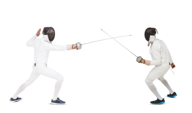 Saydam arka planda savaşan kılıç ustalarının dijital png çizimi. İzole imaj, spor ve rekabet konsepti.