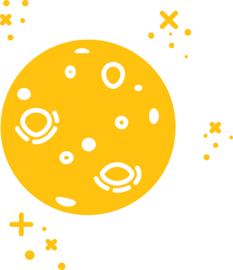 Uzayda saydam arkaplanda bulunan sarı ayın ve yıldızların dijital png çizimi. İzole görüntü, gece, astronomi ve evren..