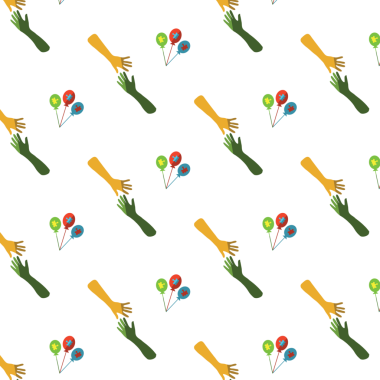 Şeffaf arkaplanda tekrarlanan renkli el ve balonların dijital png çizimi. İzole görüntü, iletişim, eşitlik ve kutlama konsepti.