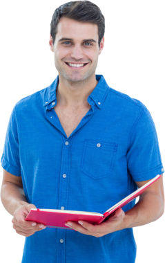 Saydam arkaplan üzerine kitap tutan mutlu beyaz adamın dijital png fotoğrafı. İzole fotoğraf, insanlar ve okuma konsepti.