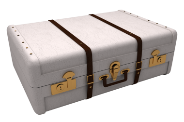 Şeffaf arkaplanda beyaz bavulun dijital png çizimi. İzole imaj, seyahat ve turizm kavramı.