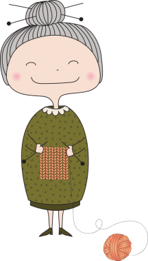 Şeffaf arkaplanda örgü ören mutlu büyükannenin dijital png çizimi. İzole edilmiş, aile, refah..