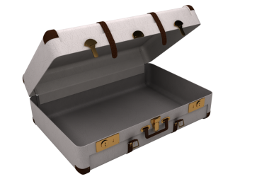 Şeffaf arkaplanda açılan bavulun dijital png çizimi. İzole imaj, seyahat ve turizm kavramı.