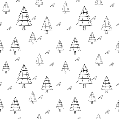 Şeffaf arka planda ağaçların ve kuşların dijital png çizimi. Ayrı görüntü, soyut, şekiller ve desenler.