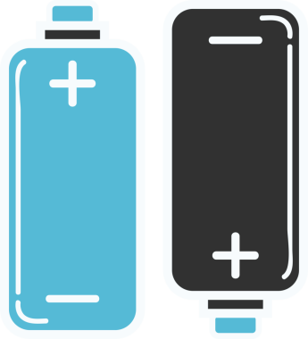 Şeffaf arkaplanda mavi ve siyah pillerin dijital png çizimi. İzole görüntü, enerji ve elektronik konsept.