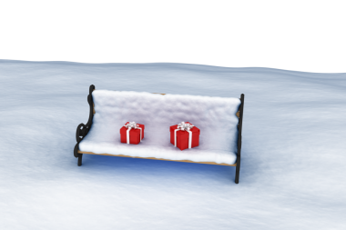 Şeffaf arkaplan üzerinde bank ve sunumlar bulunan kış manzarasının dijital png çizimi. İzole görüntü, kış ve Noel konsepti.