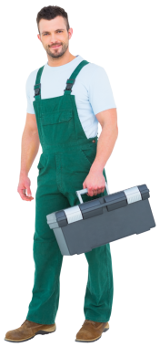 Saydam arka planda aletleri olan beyaz bir adamın dijital png fotoğrafı. İzole görüntü, inşaat ve iş konsepti.