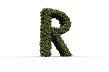 Saydam arkaplanda çim bulunan r harfinin dijital png çizimi. İzole görüntü, harfler ve doğa kavramı.