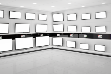 Şeffaf arka planda televizyonu olan bir dükkanın dijital png çizimi. İzole görüntü, alışveriş ve elektronik konsept.