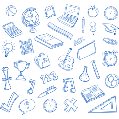 Şeffaf arkaplanda okul ögeleri simgelerinin dijital png illüstrasyonu. İzole imaj, okul, eğitim ve öğrenim.