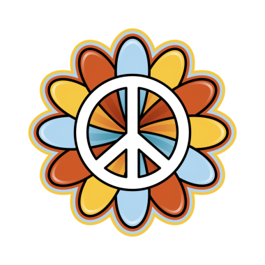 Şeffaf arkaplandaki renkli çiçeğin üzerine beyaz barış sembolünün dijital png çizimi. İzole görüntü, barış, doğa ve birlik.