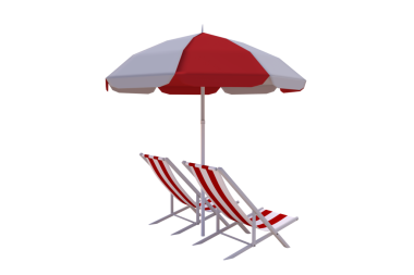Kırmızı ve beyaz şemsiyelerin dijital png çizimi ve şeffaf arkaplanda güneşlik. İzole görüntü, yaz ve rahatlama konsepti.
