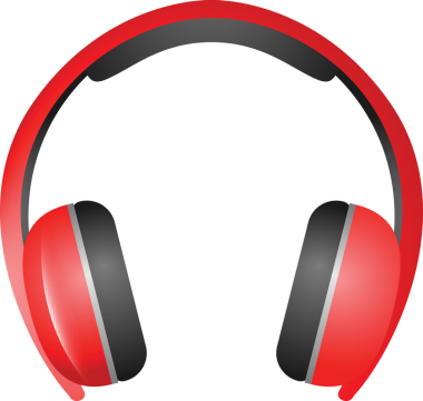 Şeffaf arkaplanda kırmızı ve siyah kulaklıkların dijital png çizimi. İzole görüntü, müzik ve teknoloji.