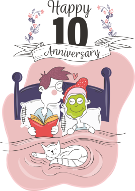 Yataktaki çiftin dijital png çizimi ve şeffaf arkaplanda 10. yıldönümü mesajları. İzole görüntü, kutlama, aşk.