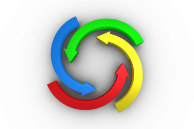 Saydam arkaplanda daire çizen kırmızı, yeşil, mavi ve sarı okların dijital png çizimi. İzole görüntü, renk, dolaşım ve yaratıcılık.