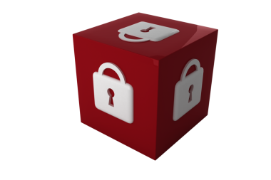 Saydam arkaplanda beyaz asma kilit simgeleriyle kırmızı küpün dijital png çizimi. İzole görüntü, siber güvenlik, şekil, renk ve tasarım arka planı.