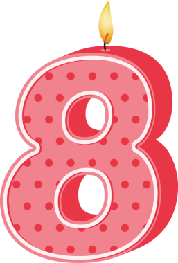 Şeffaf arkaplanda 8 doğum günü mumunun dijital png çizimi. İzole görüntü, renk, yazı ve sekizinci yaş günü partisi konsepti.