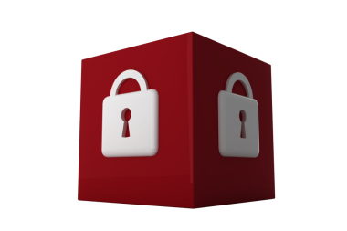 Şeffaf arkaplanda asma kilit sembollü kırmızı küpün dijital png çizimi. Ayrı görüntü, güvenlik, dijital simge ve şekil kavramı.