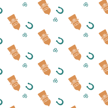 Saydam arka planda tekrarlanan lepraktik, at nalı ve yonca örneklerinin dijital png çizimi. İzole edilmiş Aziz Patrick Günü, İrlanda geleneği ve kutlaması.