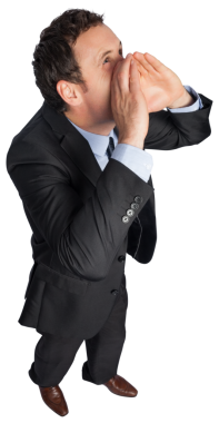 Beyaz iş adamının şeffaf arkaplanda bağırırken çekilmiş dijital png fotoğrafı. İzole fotoğraf, iş ve insan konsepti.