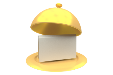 Altın Salver 'ın dijital png çizimi, şeffaf arkaplanda yükseltilmiş saat ve boş kart. İzole görüntü, yemek, hizmet ve iletişim konsepti.