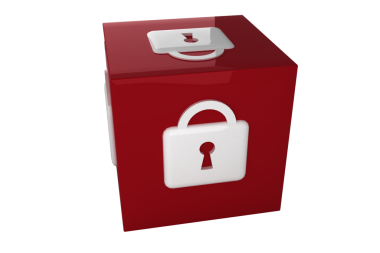 Şeffaf arkaplanda asma kilit simgesi olan kırmızı küpün dijital png çizimi. İzole görüntü, veri güvenliği ve dijital arayüz kavramı.