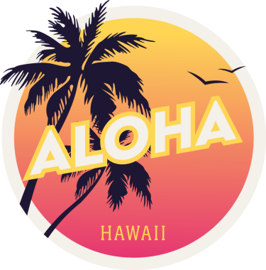 Gün batımında şeffaf arkaplanda kuşların ve palmiye ağaçlarının olduğu dijital Aloha Hawaii metni. İzole görüntü, tatiller, varış yeri ve yaz.