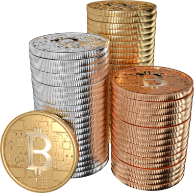 Saydam arkaplandaki bitcoin yığınlarının dijital png çizimi altın, gümüş, bakır paralar. İzole görüntü, teknoloji ve para birimi kavramı.