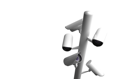 Beyaz kutuptaki saydam arkaplanda birden fazla kameranın dijital png illüstrasyonu. İzole görüntü, güvenlik ve izleme teknolojisi.