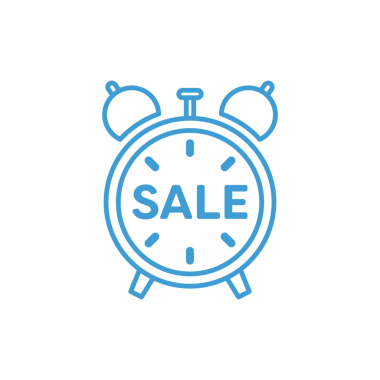 Saydam arkaplanda satılık metni olan mavi alarmlı saatin dijital png çizimi. İzole görüntü, yazı ve alışveriş konsepti.