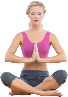 Saydam arka planda yoga yapan mutlu beyaz bir kadının dijital png fotoğrafı. İzole fotoğraf, fitness ve refah.