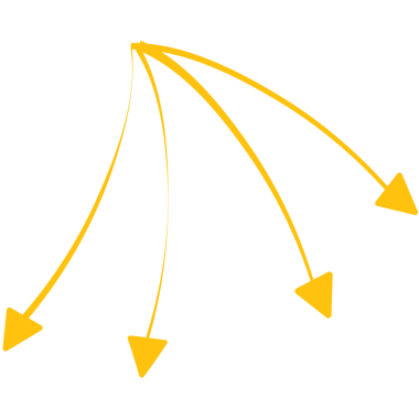 Şeffaf arkaplandaki dört sarı okun dijital png çizimi. İzole görüntü, şekil, renk ve yön kavramı.