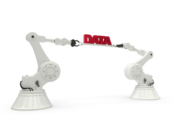 Şeffaf arkaplanda veri metni tutan robotların dijital png çizimi. İzole görüntü, hesaplama ve iletişim konsepti.