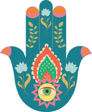 Renkli desenli ve şeffaf arkaplanda gözü olan mavi hamsa 'nın dijital png çizimi. İzole görüntü, doğa, kalıp ve şekil kavramı.