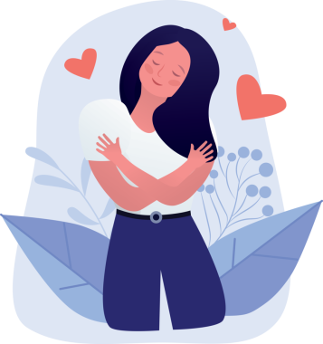 Saydam arkaplanda kırmızı kalplerle kendini kucaklayan kadının dijital png çizimi. İzole imaj, özbakım ve kabullenme kavramı.