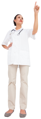 Beyaz kadın doktorun şeffaf arkaplanda sanal ekrana dokunurken çekilmiş dijital png fotoğrafı. İzole fotoğraf, ilaç ve sağlık hizmetleri.