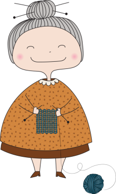 Şeffaf arka planda örgü ören mutlu büyükannenin dijital png çizimi. İzole imaj, emeklilik, boş zaman ve yaşam tarzı konsepti.