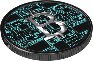 Saydam arkaplanda bitcoin sembolü olan siyah paranın dijital png illüstrasyonu. İzole görüntü, finans, ağ ve iletişim konsepti.