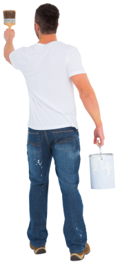 Şeffaf arka planda duvar boyayan beyaz bir adamın dijital png fotoğrafı. İzole fotoğraf, resim ve yenileme.