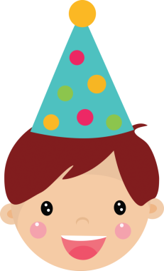 Şeffaf arkaplanda doğum günü şapkası olan gülen çocuğun dijital png çizimi. İzole görüntü, doğum günü ve kutlama.