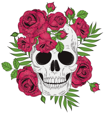 Şeffaf arkaplanda pembe güller olan kafatasının dijital png çizimi. İzole görüntü, şekil, doğa ve yaşam tarzı kavramı.