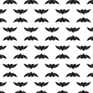 Şeffaf arkaplanda kanatları olan tekrarlanan kalplerin siyah desenlerinin dijital png çizimi. İzole görüntü, kalıp ve şekil kavramı.