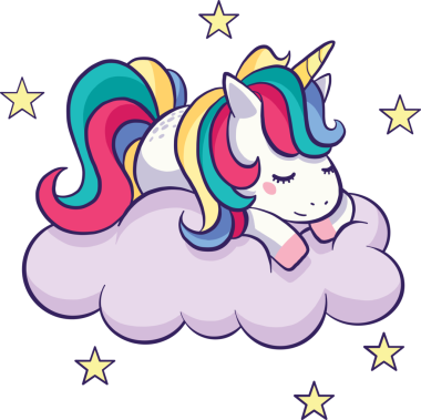 Saydam arkaplanda bulutların üzerinde uyuyan renkli tek boynuzlu atın dijital png çizimi. İzole görüntü, peri masalı ve çocukluk..