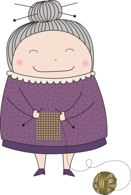 Şeffaf arkaplanda sarı iplikle örgü ören büyükannenin dijital png çizimi. İzole görüntü, çizgi film, örgü ve hobi konsepti..