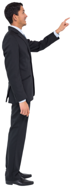 Saydam arkaplanı işaret eden mutlu melez iş adamının dijital png fotoğrafı. İzole görüntü, iş, duygu ve sanal arayüz kavramı.