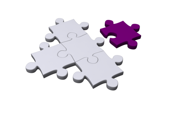 Şeffaf arkaplanda beyaz ve mor yapboz parçalarının dijital png çizimi. İzole görüntü, otizm farkındalık kavramı.