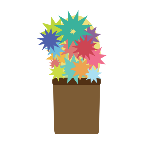 Şeffaf arka planda renkli çiçekli saksının dijital png çizimi. Ayrı görüntü, renkler ve şekiller.