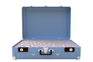 Şeffaf arkaplanda mavi bavulun dijital png çizimi. İzole imaj, seyahat ve turizm kavramı.