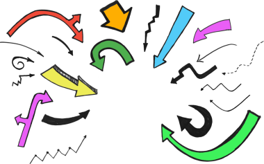 Saydam arkaplanda kopyalama alanı olan renkli okların dijital png çizimi. Ayrı resim, yön ve rota, tasarım arkaplan ve maket.